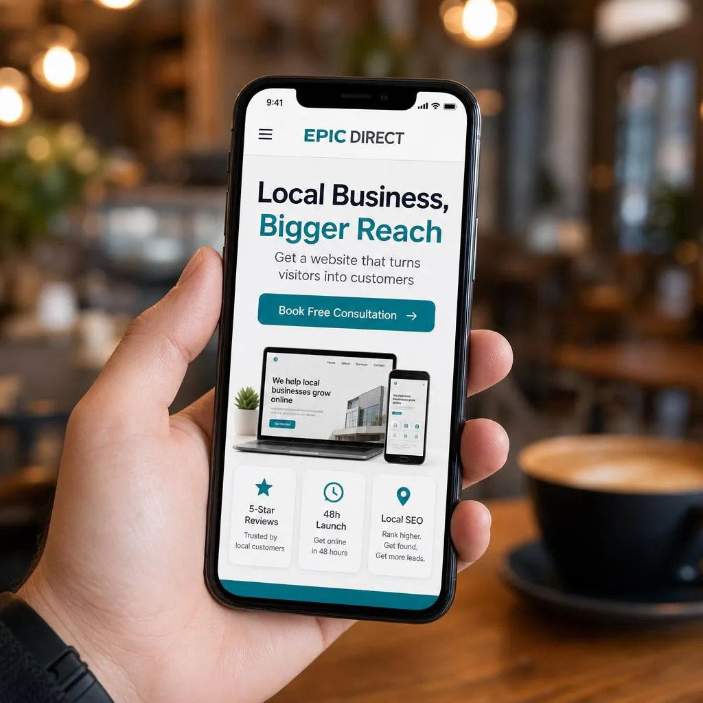 Hand holding a smartphone displaying a fast, mobile-first local business website built by Epic Direct