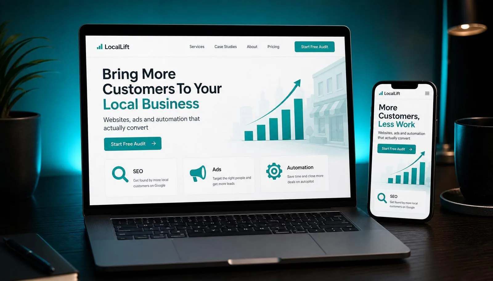 Before-and-after showcase of a local business website redesign on laptop and smartphone by Epic Direct Web Design Studios